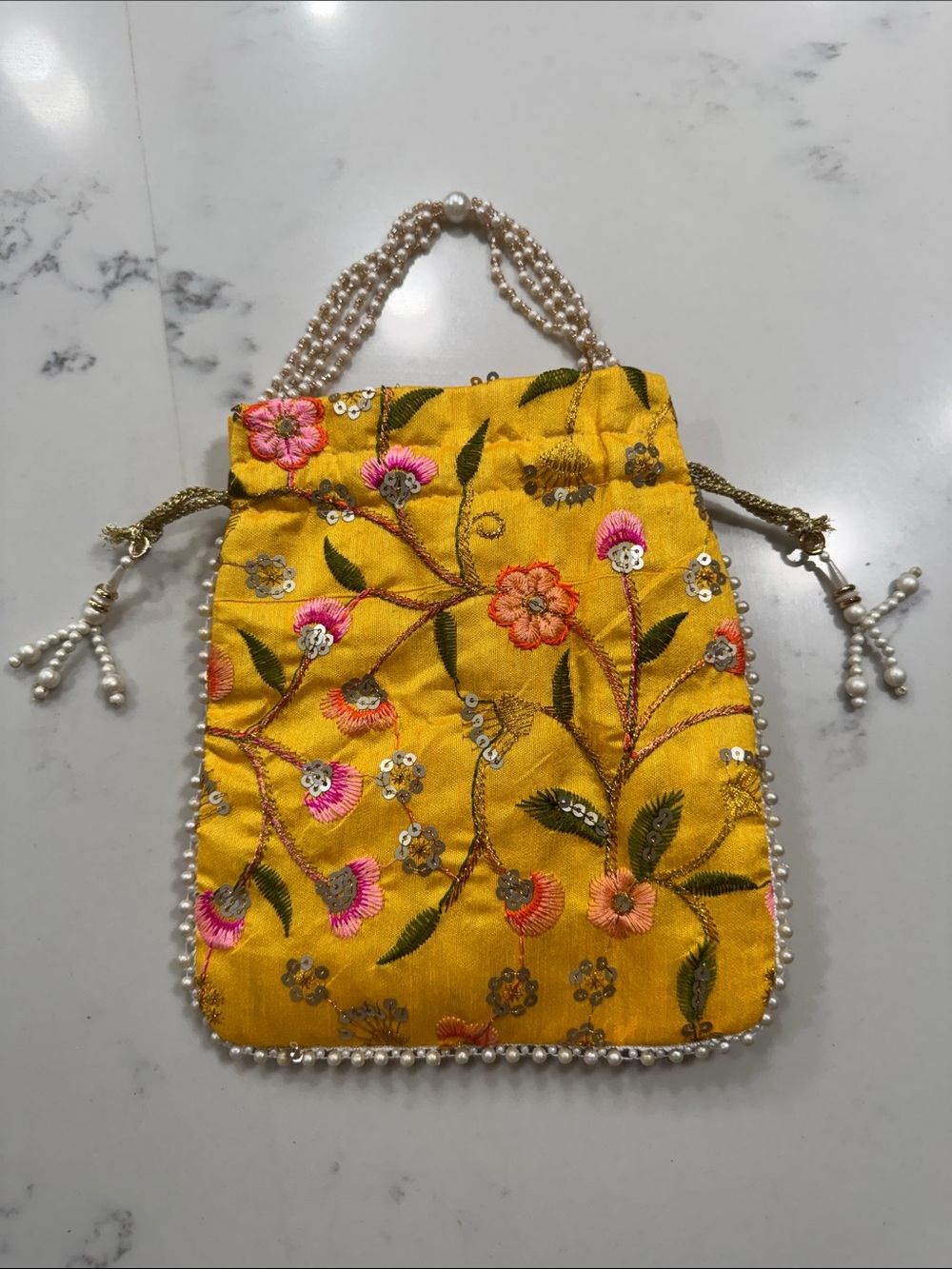 Yellow Floral Embroidered Indian potli Bag - Picture 6 of 10